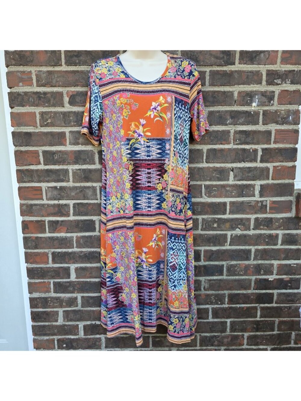 Johnny Was Allie Dress Multicolor Flower Mixed Print Bamboo Swing Midi Stretch S